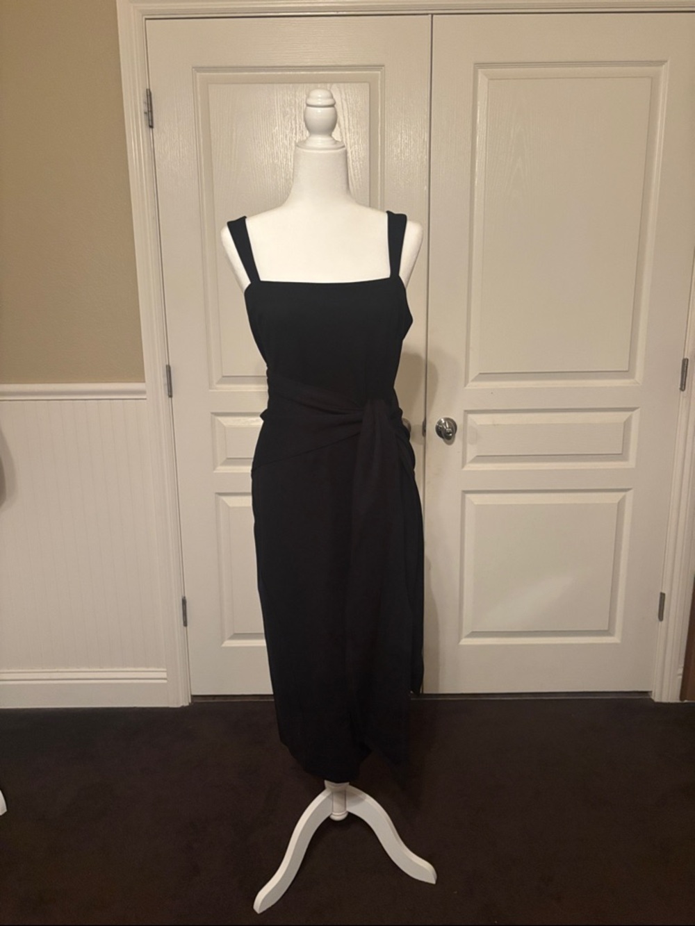 Donna Karan Black Square-Neck Midi Dress with Side Tie